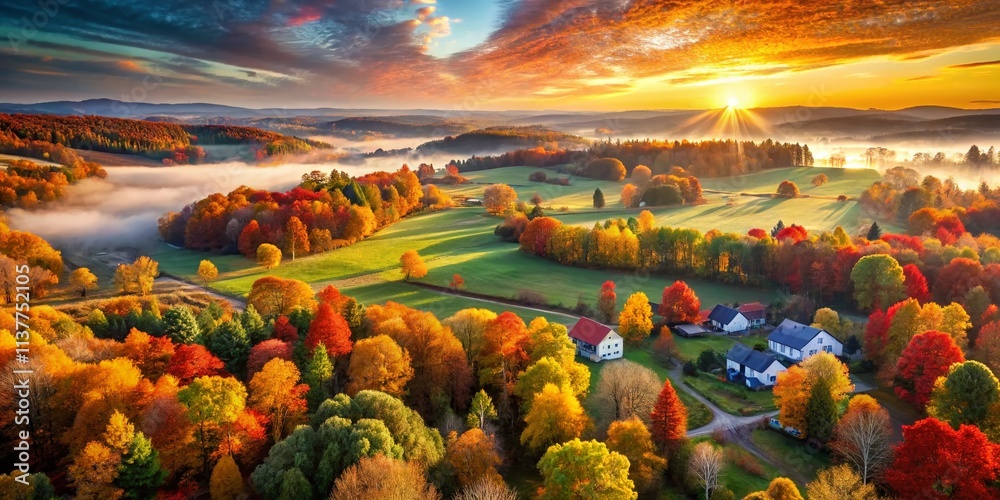 Naklejka premium October Watercolor Drone Photography - Autumn Leaves Aerial View, Hand Drawn Art