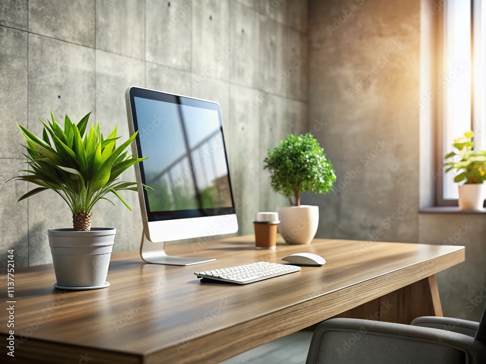 Fototapeta premium Office Desk Mockup 3D Render: Concrete Wall, Plant, PC Screen, High Depth of Field