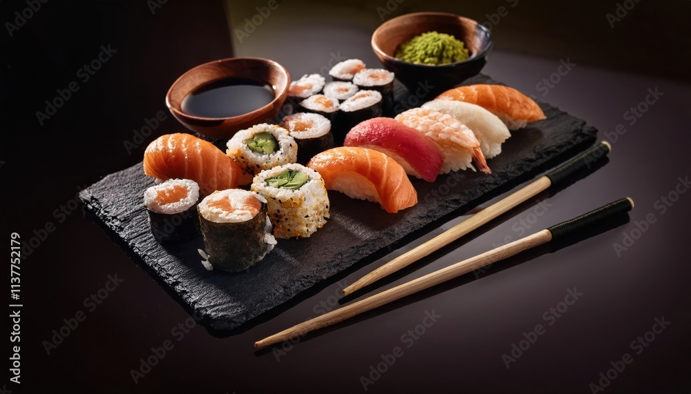 Assorted sushi platter with chopsticks and condiments Assorted sushi platter with chopsticks and condiments