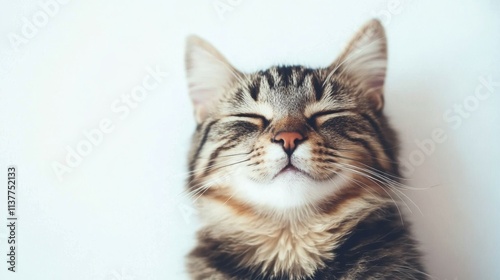 Cheerful Tabby Cat Resting on Pristine White Background