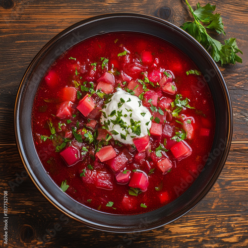 Traditional Ukrainian Borscht. Red Beetroot Soup Bowl. Classic Borscht with Sour Cream.Rustic Beet Soup Presentation photo