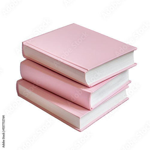 Three pink books stacked on top of each other, white or transparent background

