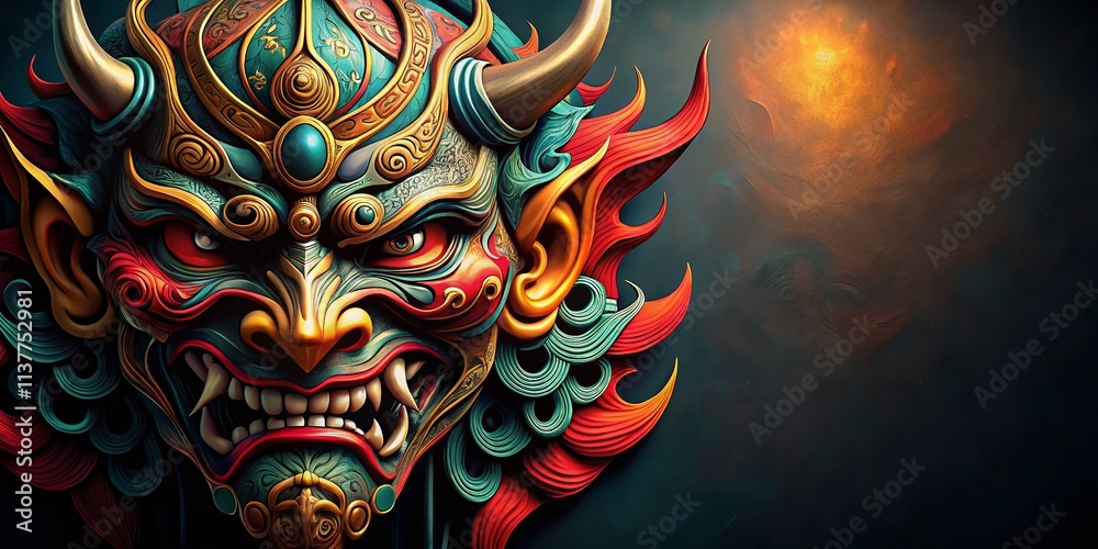 Fototapeta premium Oni Mask Outline, Japanese Demon Illustration, Line Art, Digital Painting, Mythological Creature, Asian Art