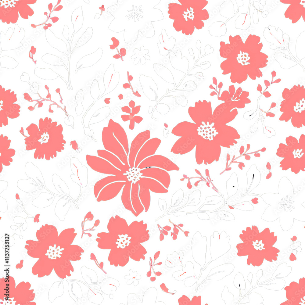 Obraz premium A charming floral pattern featuring vibrant coral flowers and delicate leaves on a soft white background, perfect for adding a touch of elegance to any design.