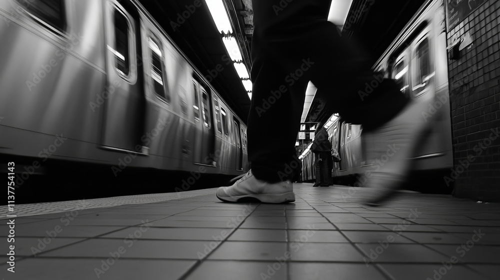 Obraz premium Person Walking in Subway Station with Blurred Motion Effect in Black and White