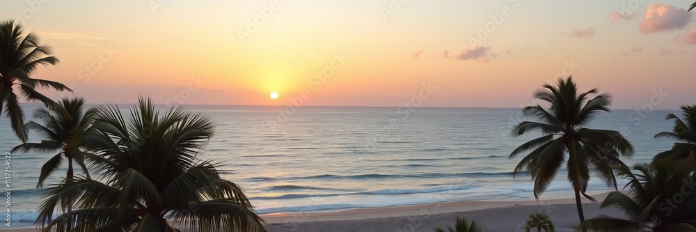 Fototapeta premium Tropical beach paradise with palm trees at sunset, sandy shores, and crystal clear waters, landscape, sunny