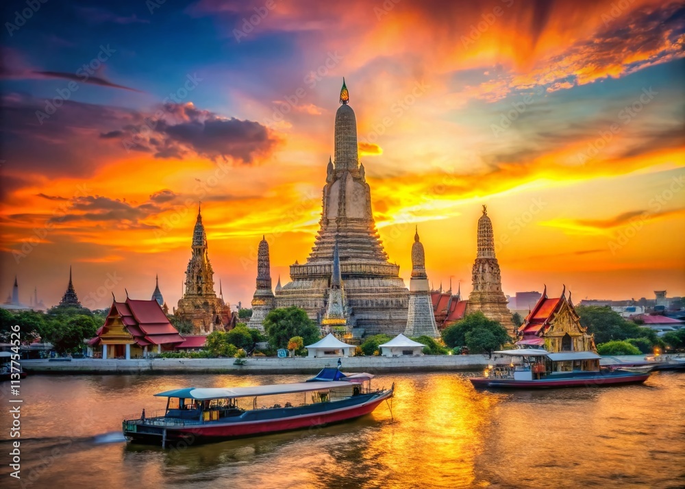 Wat Arun Sunset Boats, Bangkok Temple Dawn River, Thailand Golden Hour Photography Wat Arun Sunset Boats, Bangkok Temple Dawn River, Thailand Golden Hour Photography