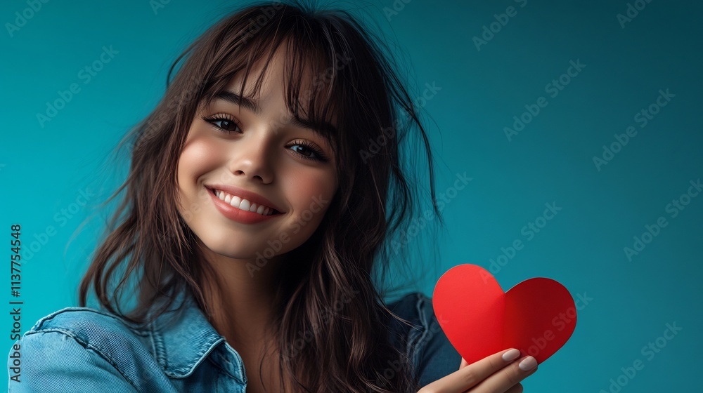 Smiling Woman Holding a Red Heart, Valentine's Day Concept