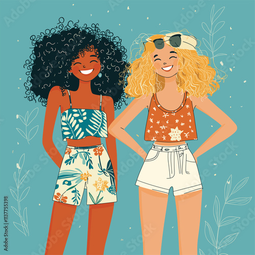 Two girls in matching summer outfits with leaf backgrounds.