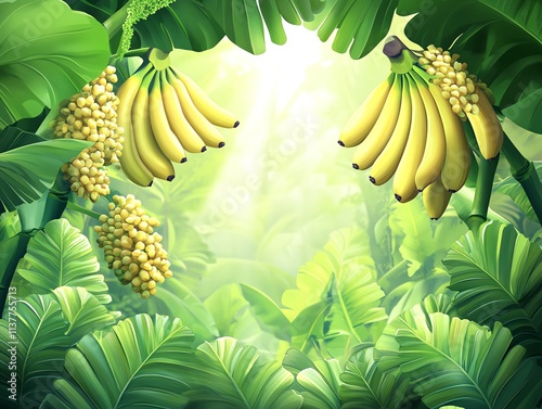Two bunches of yellow bananas hang from green banana trees with leaves framing a jungle scene.