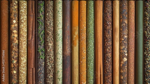 Array of varied, textured spice tubes. photo