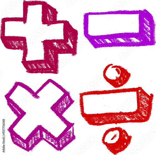 Math Symbols Divide Multiply Minus Plus Crayon Chalk Drawing Vector Set