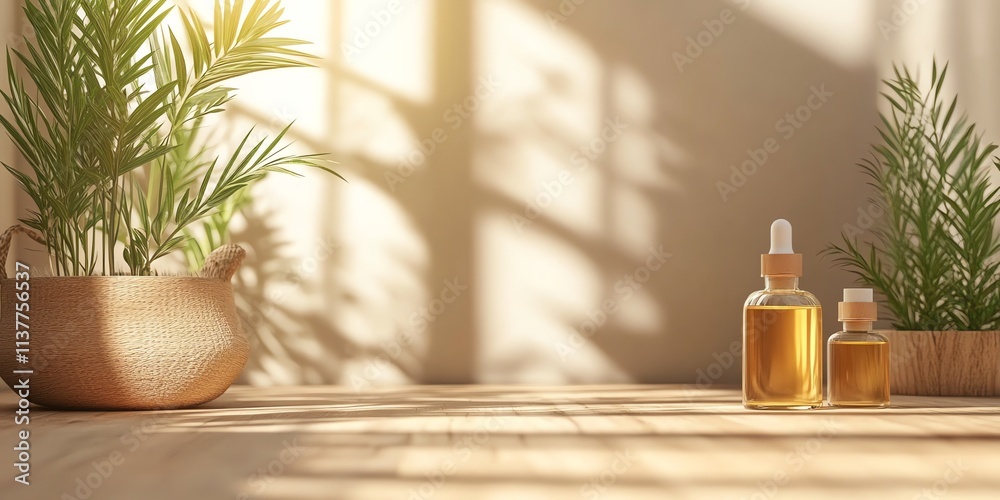 Two Glass Bottles of Essential Oils on a Wooden Table with Plants. Two Glass Bottles of Essential Oils on a Wooden Table with Plants.