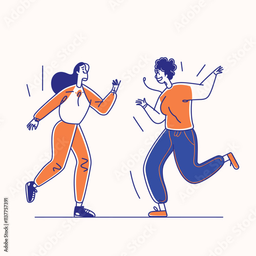 Two people running towards each other, extending arms, playful.