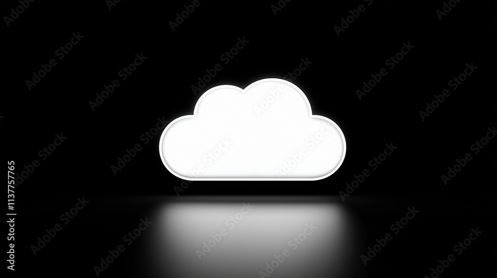 Glowing white cloud icon on black background symbolizes online data and digital storage. Glowing white cloud icon on black background symbolizes online data and digital storage.
