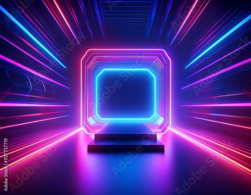 3d render of a computer, fashion catwalk podium virtual reality environment, neon light, square portal, tunnel, ultraviolet spectrum, abstract background, laser show