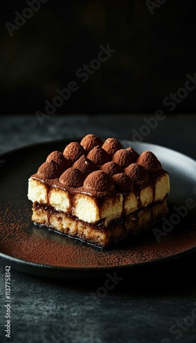 A delicious slice of tiramisu topped with cocoa powder, presented on a dark plate.
