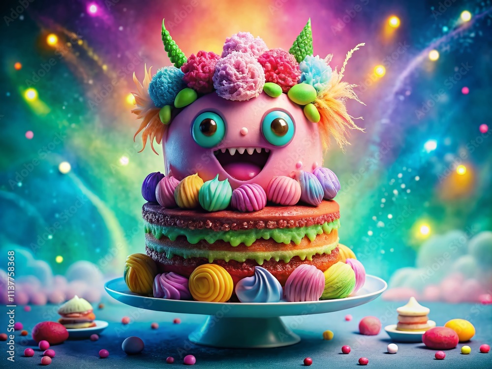Fototapeta premium Whimsical Monster Cake with Bright Decorations and Pink Macaron for Playful Dessert Photography