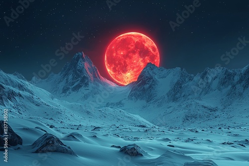 Red moon eclipse glowing over a mountain range