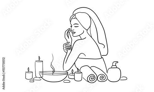 Woman in spa salon continuous line art drawing isolated on white background. Self care and beauty. Vector illustration