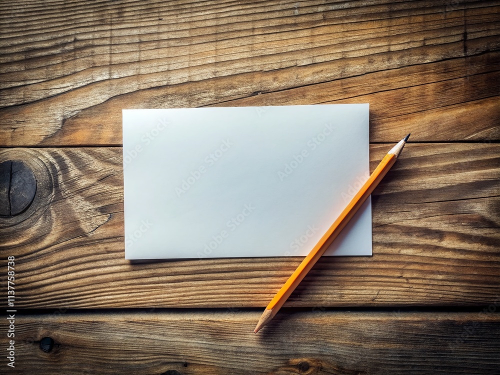 Fototapeta premium White Card & Pencil Still Life: Wooden Table Documentary Photography