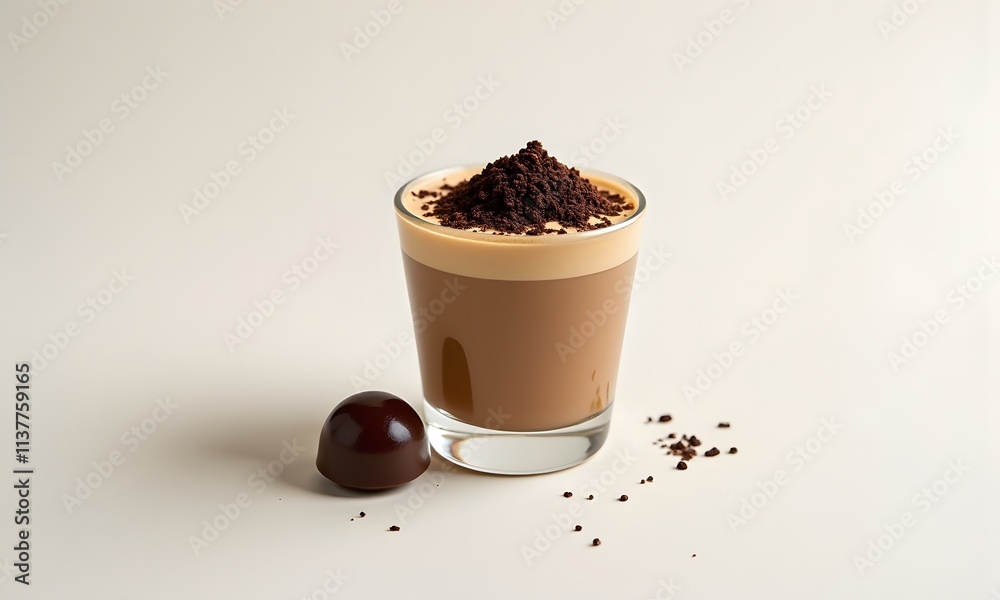 Melange coffee captivates with its rich layers, topped with a dusting of cocoa. The glass and chocolate truffle evoke indulgence and warmth. Melange coffee captivates with its rich layers, topped with a dusting of cocoa. The glass and chocolate truffle evoke indulgence and warmth.