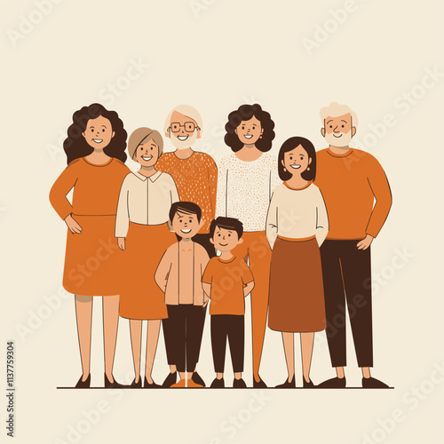 Group of family members, illustration in orange and brown.