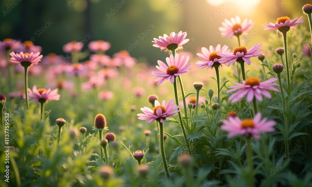 Obraz premium Garden design showcases a vibrant field of blooming daisies, bathed in warm sunlight, exuding tranquility and natural beauty—a perfect summer escape.