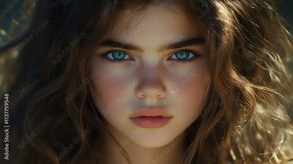 Close-up portrait of a girl with captivating blue eyes and wavy brown hair. Her freckles add to her natural beauty. Close-up portrait of a girl with captivating blue eyes and wavy brown hair. Her freckles add to her natural beauty.