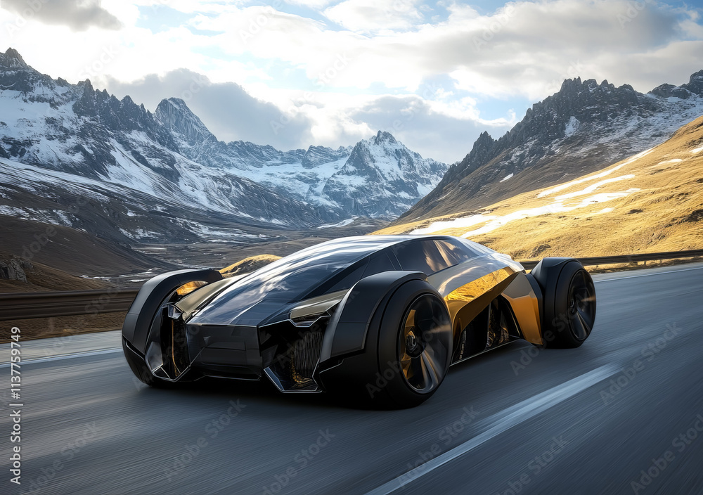 Naklejka premium Futuristic car in a sleek modern design set in an atmospheric with technological environment. Perfect for cover banners or social media screensavers.