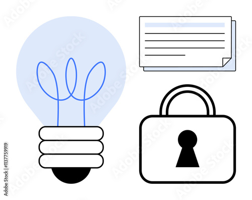 Light bulb, document, and padlock symbolize ideas, information, and protection. Ideal for themes creativity, education, security intellectual property innovation research knowledge. Line metaphor