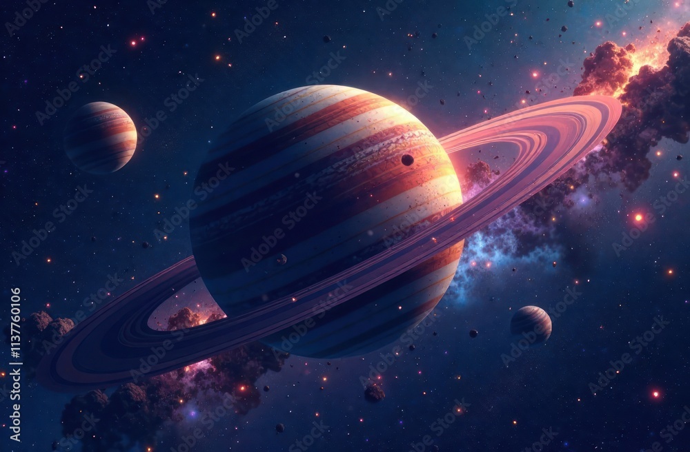 Naklejka premium science fiction poster, astronomy, futuristic space travel concept. giant ringed planet surrounded by orbiting asteroids and glowing stardust. vastness of universe.