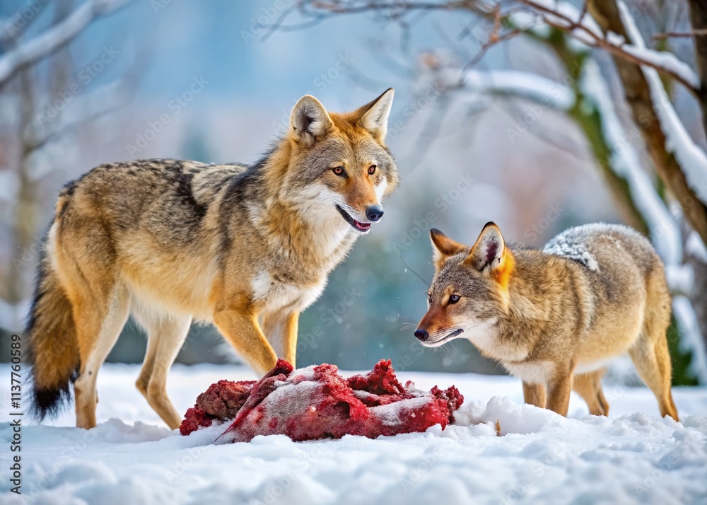 Obraz premium Winter Coyote Canis latrans Hunting Deer Carcass, Wildlife Photography, Cold Season Predator Prey