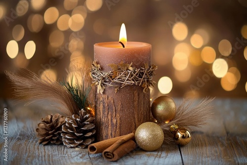 Warm colored natural Christmas Advent candle still life. Brown candle decorated with cinnamon sticks- pine cone- golden balls and dried grass in Boho style on rustic wood with Bokeh lights. photo