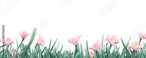 Spring flowers and grass. Green grass with cute spring flowers illustration isolated white background. Can use as web site header / Footer / banner