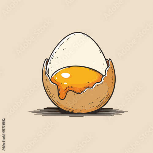 Detailed egg illustration, yolk oozing from the crack.