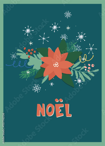 Vintage card with Noel hand lettering in French with Traditional Christmas symbols and decorations for festive projects, invitations, wall posters, social media and for home, crafts and goods