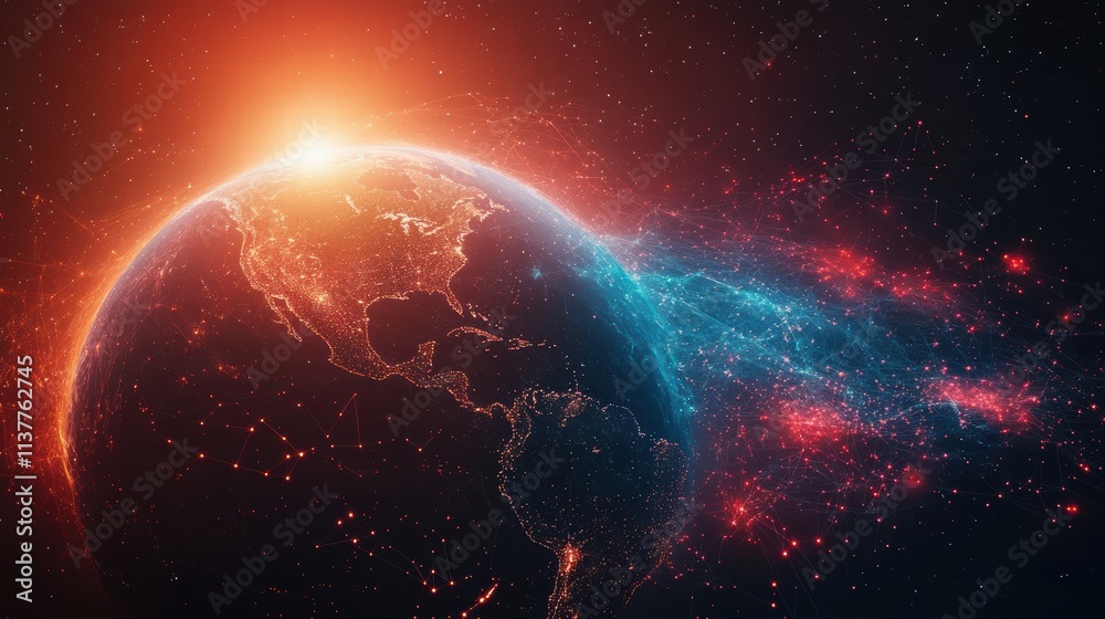 Obraz premium Global network illustration: vector world globe with connected lines representing internet connectivity and worldwide communication