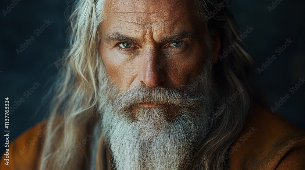 Close-up portrait of a man with long silver hair and beard. His intense gaze and strong features convey wisdom and strength. Close-up portrait of a man with long silver hair and beard. His intense gaze and strong features convey wisdom and strength.