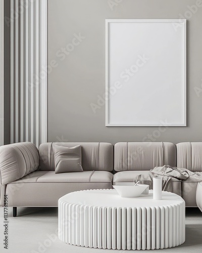 Dove grey walls, white poster frame, Scandinavian furniture, and minimalist design. photo