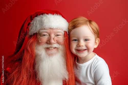 Lively xmas, attractive toddler boy! copy space. Isolated white toddler boy in holiday lap on red background. Santa christmas design. Red santa kid theme. Christmas kid portrait. Cute lap s. photo