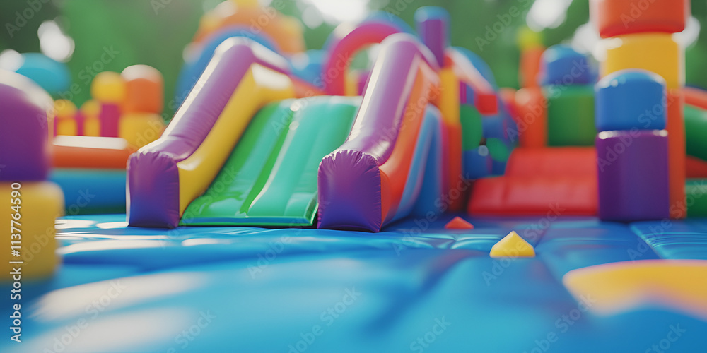 Obraz premium Colorful Inflatable Bounce House with Slides at Outdoor Playground