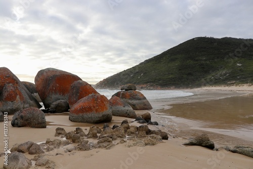 Big rocks on beach with red accents at wilson promontory photo