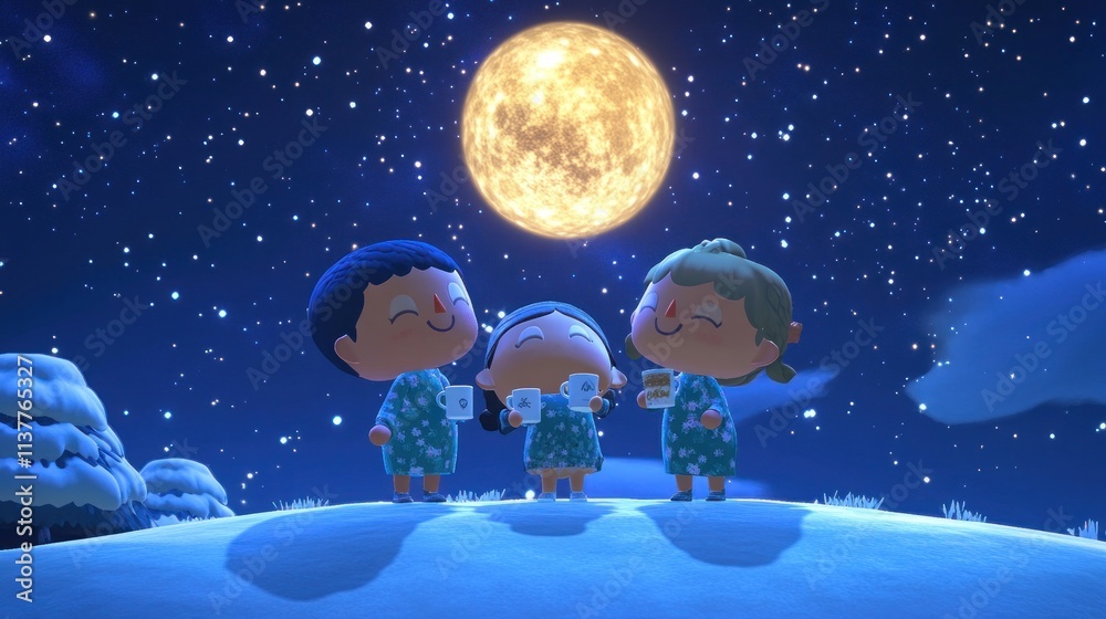 Fototapeta premium Three characters enjoy the full moon with drinks.