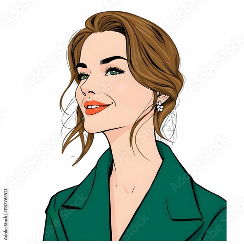 このイラストは、グリーンのジャケットを着た女性が微笑む姿を描いている。髪はゆるくまとめられ、顔周りに軽やかな髪の毛が流れている。女性の明るいオレンジ系のリップと輝くフラワーモチーフのイヤリングが、洗練されたエレガントな印象を引き立てている。
