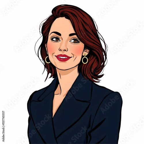 このイラストは、落ち着いたネイビーのジャケットを着た女性が控えめな笑顔を浮かべている姿を描いている。ボリュームのあるセミショートの赤みがかったブラウンのヘアスタイルが特徴的で、ゴールドのフープイヤリングがエレガンスを際立たせている。シンプルながら洗練された都会的な雰囲気を表現している。