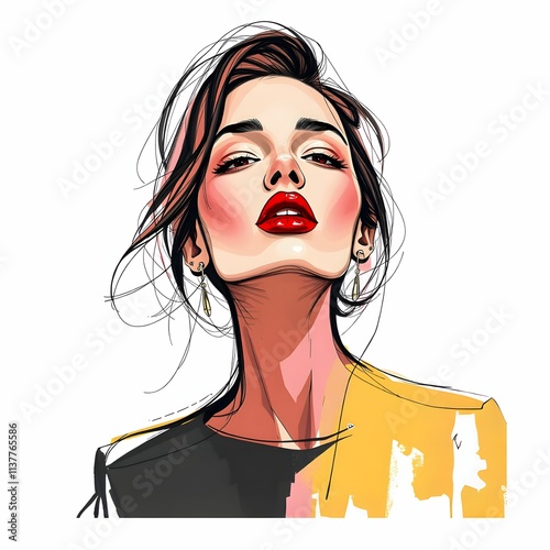 このイラストは、赤いリップとピンクのチークが印象的な女性を描いている。顔を少し上向きにした視線が力強く、自信に満ちた雰囲気を演出している。髪は無造作にまとめられ、自然な動きを感じさせる。黒と黄色の対照的なトップスが個性的でアート的な仕上がり。