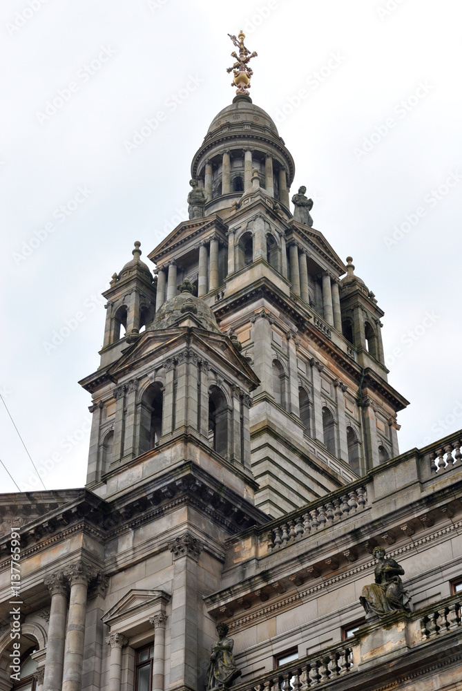 Ornate Classical Style Tower and Cupola on Stone Public Building seen from Below Ornate Classical Style Tower and Cupola on Stone Public Building seen from Below