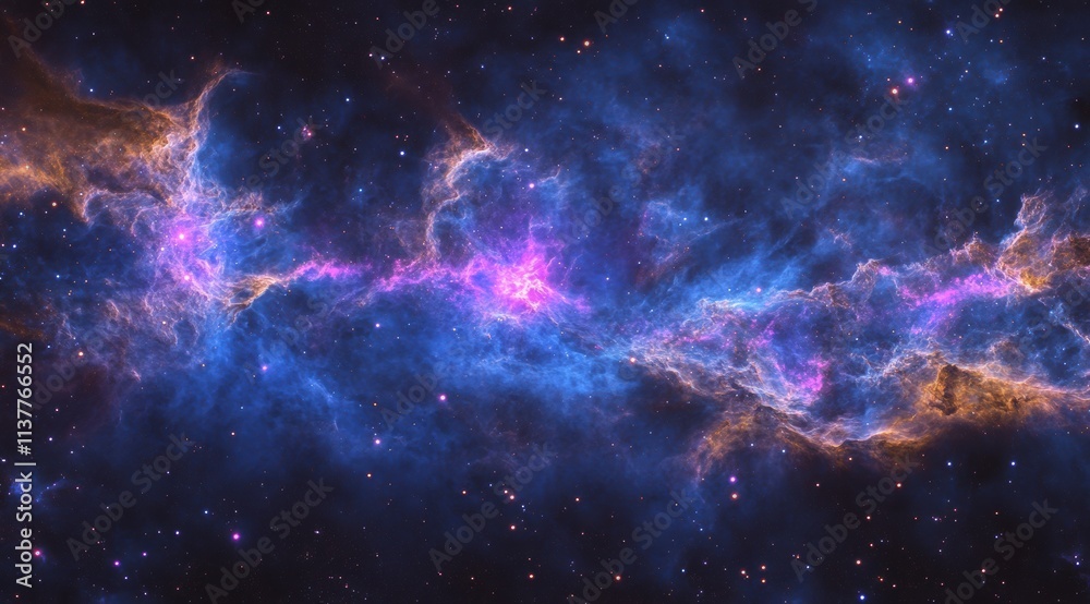 Obraz premium A nebula of dark blue and purple hues, with pink highlights, in space. The nebula has an advanced digital art style, with vibrant colors and fluid shapes.