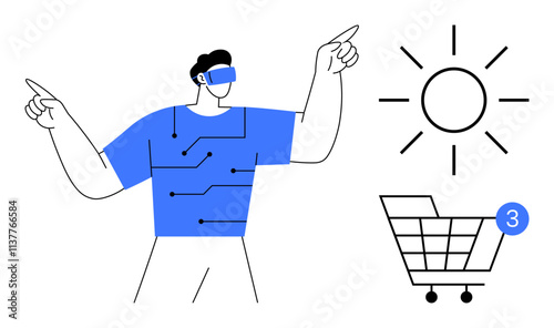 Man wearing VR headset points to VR elements thumbs up a sun and a shopping cart with notification. Ideal for technology, VR experiences, shopping, digital interaction, modern tech, virtual